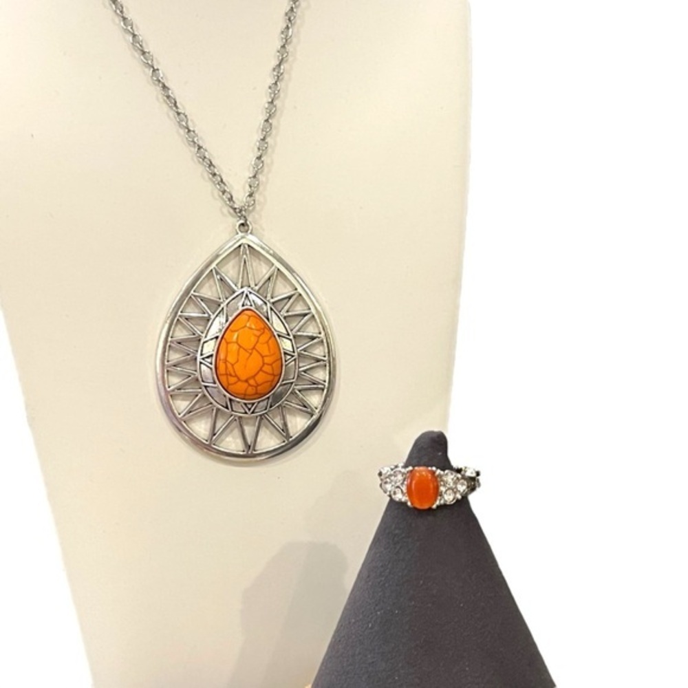 SALE!! 2 for $15 3pc Jewelry Set Summer Sunbeam Orange Necklace Earrings Ring - Picture 16 of 16
